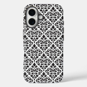 Funda iPhone 16 Desplazar Damask negro sobre patrón blanco