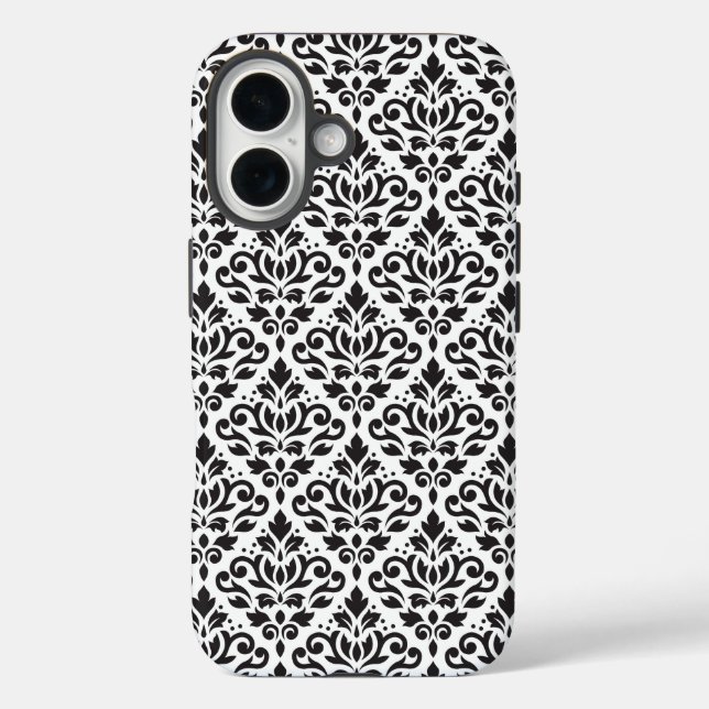 Funda iPhone 16 Desplazar Damask negro sobre patrón blanco (Reverso )