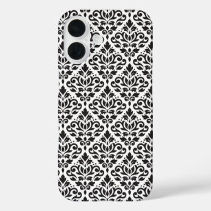 Funda iPhone 16 Desplazar Damask negro sobre patrón blanco