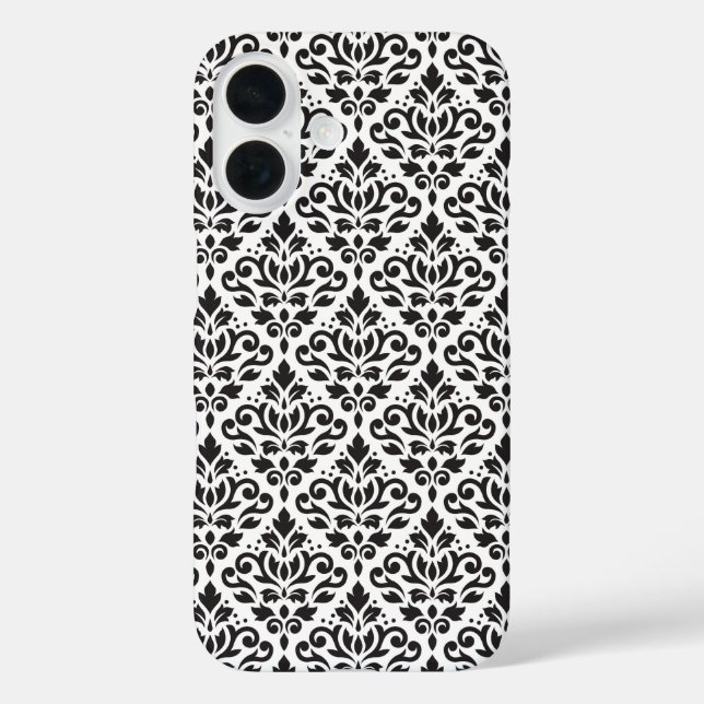 Funda iPhone 16 Desplazar Damask negro sobre patrón blanco (Reverso )