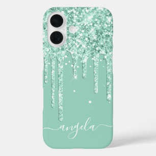 Funda iPhone 16 Destellos de brillo teal claro Glam Signature