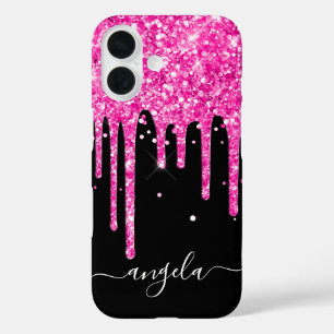 Funda iPhone 16 Destellos de rosa caliente Brillo negro Glam Signa