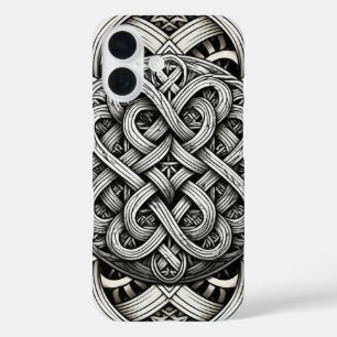 Funda iPhone 16 Detaillierte Schwarz-Weißer keltischer Knoten 0001