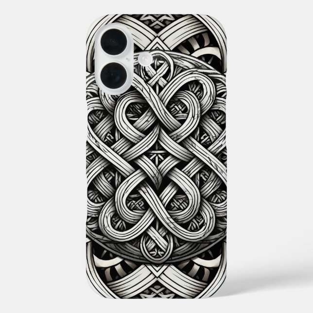 Funda iPhone 16 Detaillierte Schwarz-Weißer keltischer Knoten 0001 (Reverso )