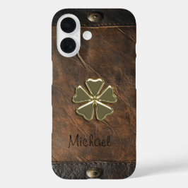 Funda iPhone 16 Día de San Patricio Trebol Dorado, Cuero Marrón