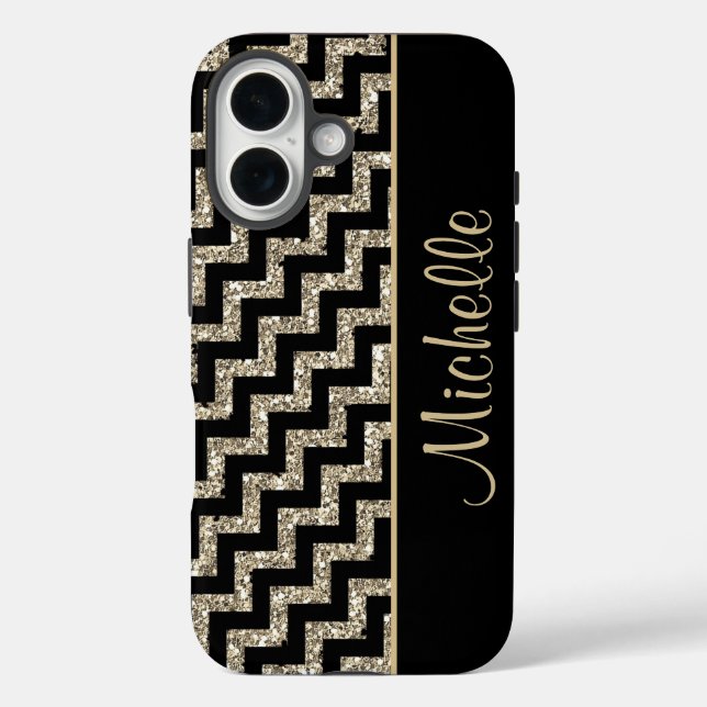 Funda iPhone 16 Diagonal Black Chevron Gold Personalizado (Reverso )