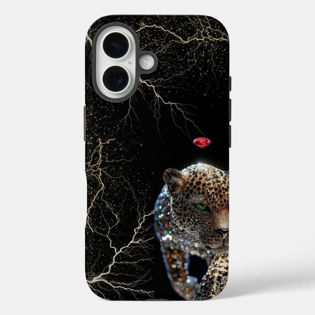 Funda iPhone 16 Diamond Glitter Leopard with Ruby & Lightning (Reverso )