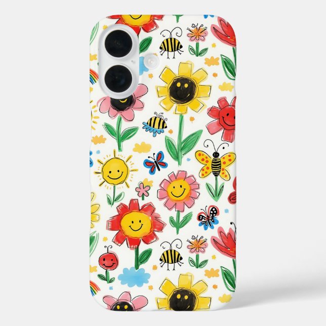 Funda iPhone 16 Días felices - Flores alegres y patrones de amigos (Reverso )