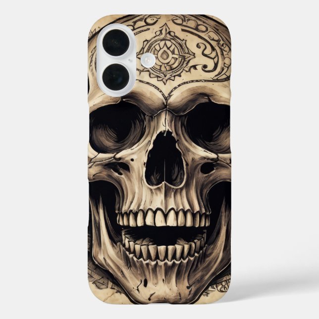 Funda iPhone 16 Dibujo de tinta de un cráneo sobre cubierta de per (Reverso )