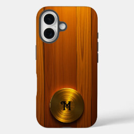 Funda iPhone 16 Disco de oro cepillado en madera ámbar