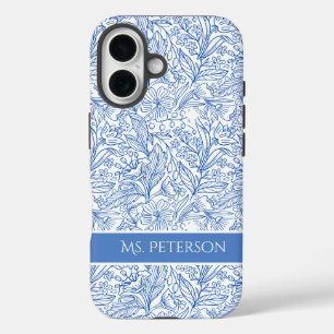 Funda iPhone 16 Diseño botánico azul elegante y personalizado