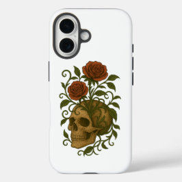 Funda iPhone 16 Diseño de arte de cráneo y rosas de floración eter
