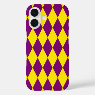 Funda iPhone 16 Diseño de cuadros arlequín púrpura y amarillo