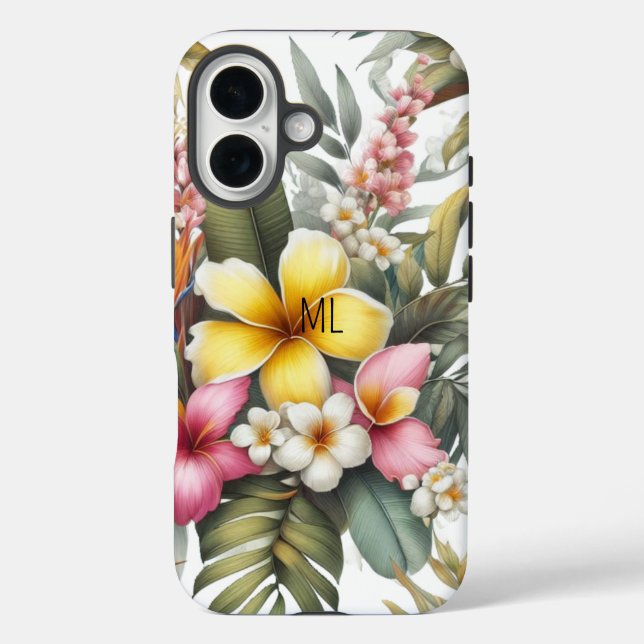 Funda iPhone 16 Diseño de isla con monograma de flores tropicales (Reverso )