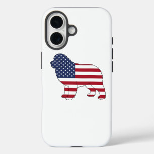 Funda iPhone 16 Diseño de la bandera de EE.UU. del perro de Newfie