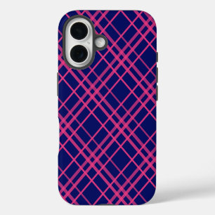 Funda iPhone 16 Diseño de líneas de cuadros azules con rosa