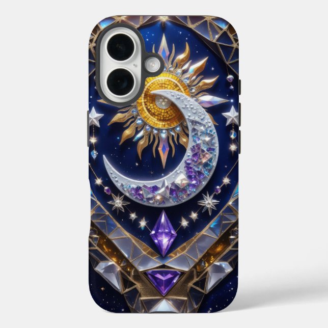 Funda iPhone 16 Diseño de luna y sol celestial radiante (Reverso )