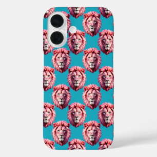 Funda iPhone 16 Diseño de patrón de animal cabeza de león rosa azu