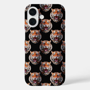 Funda iPhone 16 Diseño de patrón de cabeza de tigre - Negro
