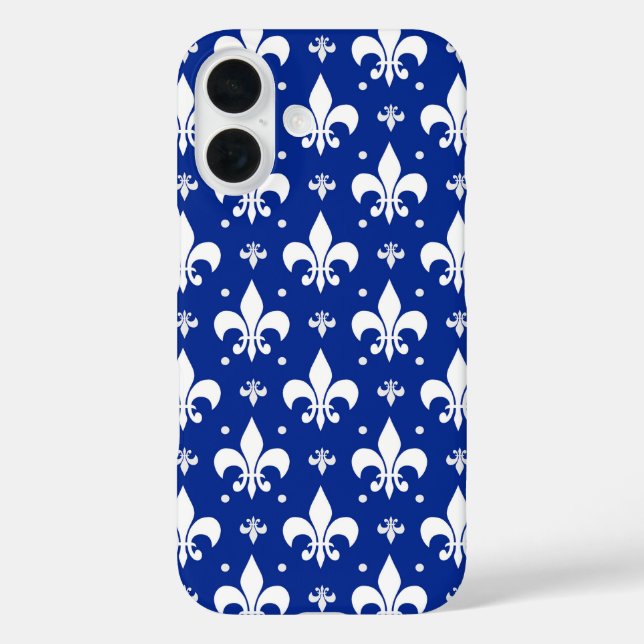 Funda iPhone 16 Diseño de patrón de flor de lis de fondo azul (Reverso )
