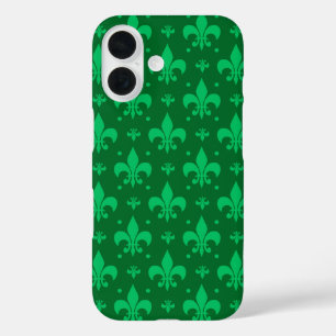 Funda iPhone 16 Diseño de patrón de flor de lis verde
