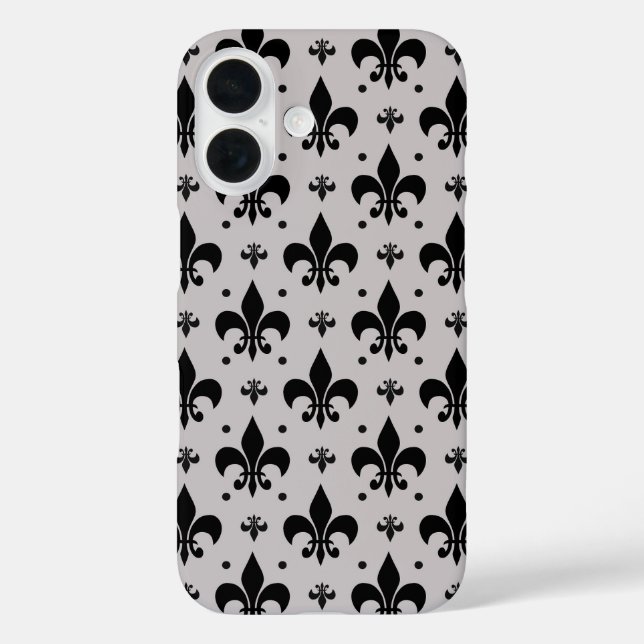 Funda iPhone 16 Diseño de patrón de lis gris y negro (Reverso )