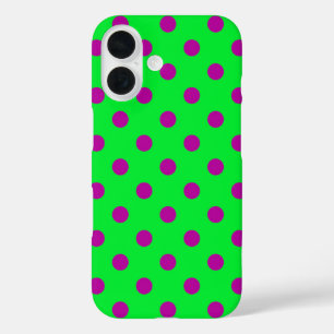 Funda iPhone 16 Diseño de patrón de lunares púrpura sobre verde