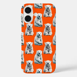 Funda iPhone 16 Diseño de patrón de oso polar en naranja