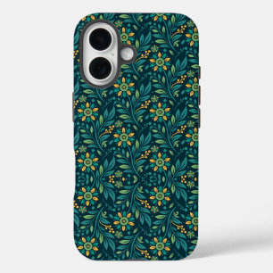 Funda iPhone 16 Diseño de patrón floral elegante en amarillo y azu