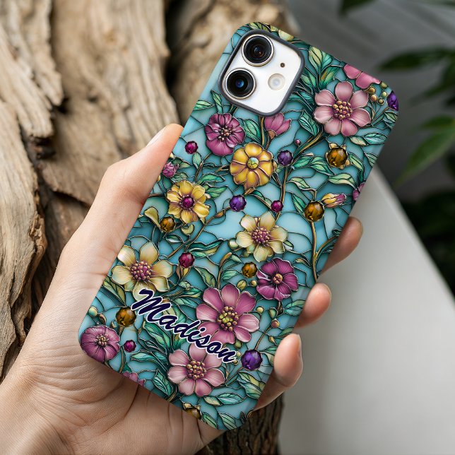 Funda iPhone 16 Diseño de patrón floral púrpura de vidrio emplomad (Subido por el creador)
