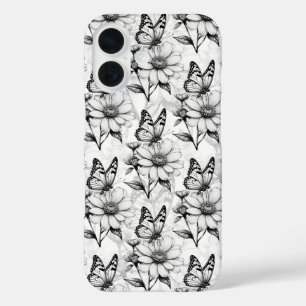 Funda iPhone 16 Diseño de patrones de flor de mariposa minimalista