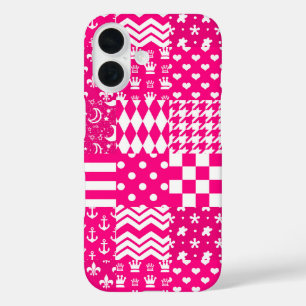 Funda iPhone 16 Diseño de patrones mixtos de color blanco rosado