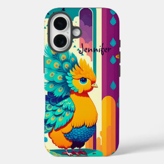 Funda iPhone 16 Diseño de pavo real bebé con nombre personalizado