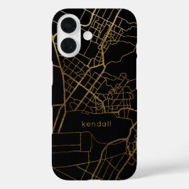 Funda iPhone 16 Diseño del mapa de oro negro y falso con nombre