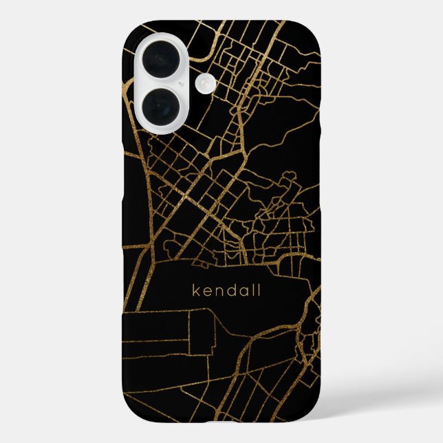 Funda iPhone 16 Diseño del mapa de oro negro y falso con nombre (Reverso )
