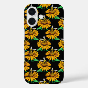 Funda iPhone 16 Diseño del patrón de flor de girasol en negro
