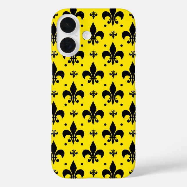 Funda iPhone 16 Diseño del patrón de flor de lis de fondo amarillo (Reverso )