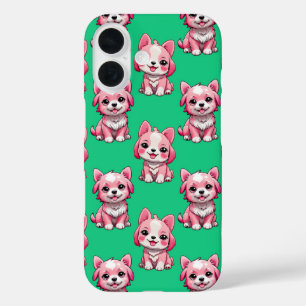 Funda iPhone 16 Diseño del patrón de perro de cachorro rosa - verd