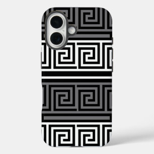 Funda iPhone 16 Diseño del patrón Fret de la llave griega blanca g