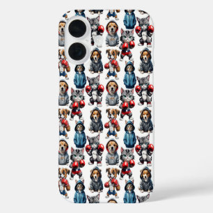 Funda iPhone 16 Diseño divertido de patrones de perros gatos en bo