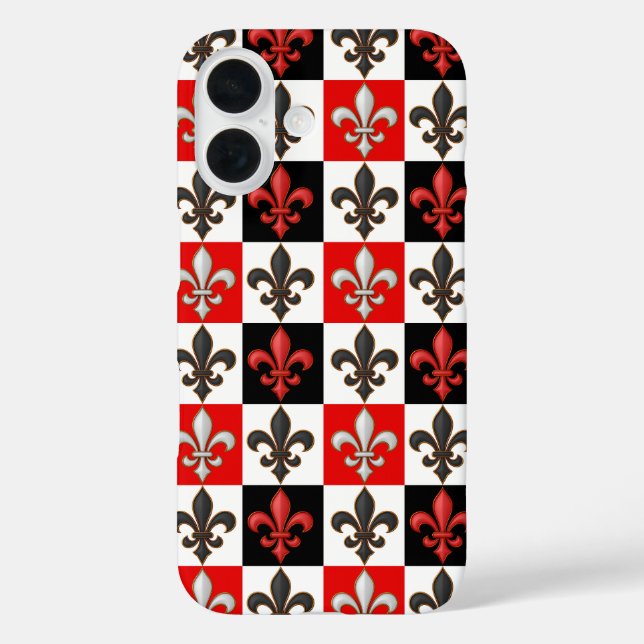 Funda iPhone 16 Diseño Fleur-de-lis con cuadros blancos rojos (Reverso )