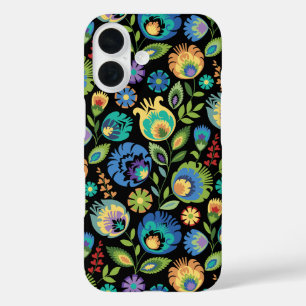 Funda iPhone 16 Diseño floral de Wycinanki polaco sobre negro