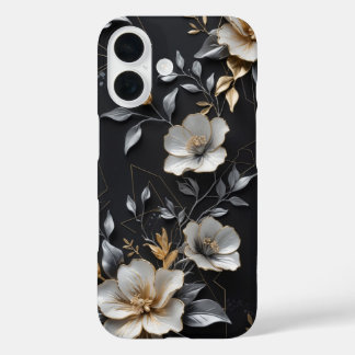 Funda iPhone 16 Diseño floral pintado a mano con oro y plata