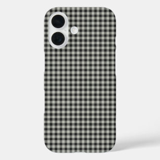 Funda iPhone 16 Diseño retro negro y gris Gingham con forma de tre
