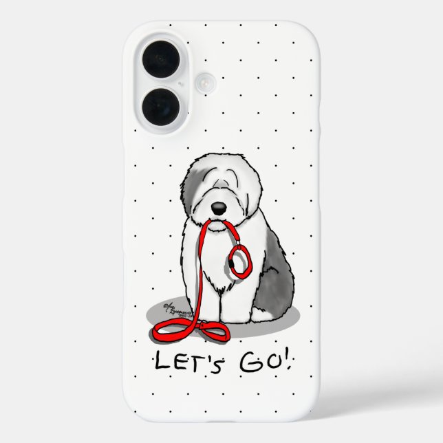 Funda iPhone 16 ¡Divertido Vamos! Walk Old English Sheepdog (Gris  (Reverso )