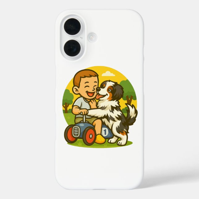 Funda iPhone 16 Diviértete con Cachorro y Niño (Reverso )