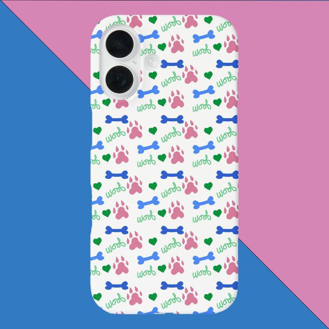 Funda iPhone 16 Dog Paw Bones Hearts Woof Pattern Pink Green Blue (A phone case with pink dog paws, blue bones, green hearts and the word woof!)