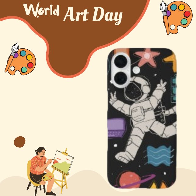 Funda iPhone 16 Doodle del cohete espacial astronauta (Subido por el creador)