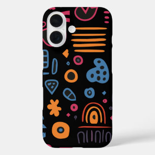 Funda iPhone 16 Doodle Tribal Abstracto Neon Geométrico Negro