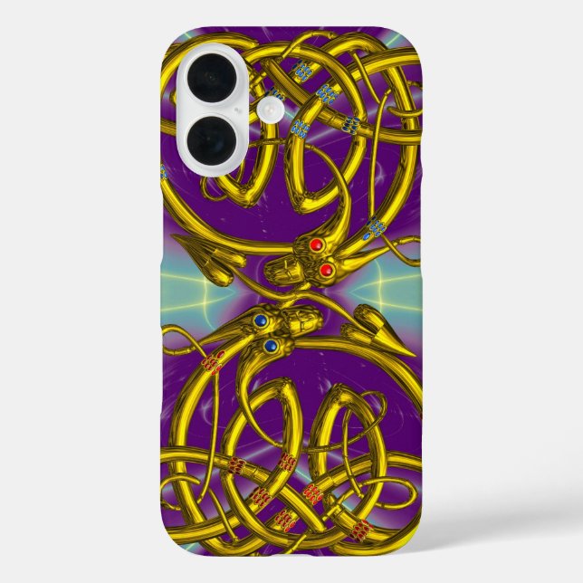 Funda iPhone 16 DRAGON LOVE ,GOLD CELTIC KNONS DRAGONS, Púrpura (Reverso )